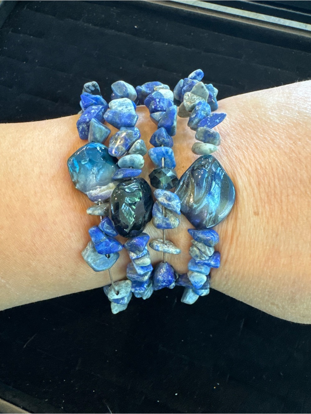Blue Sodalite Stone Chip Multi Strand Stretch Bracelet Chunky Boho Statement